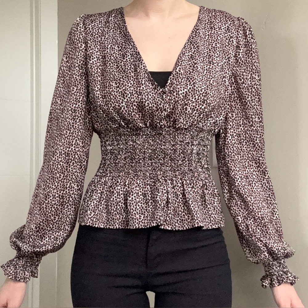 Cheetah Print Peplum Long Sleeve Blouse - Picture 2 of 10